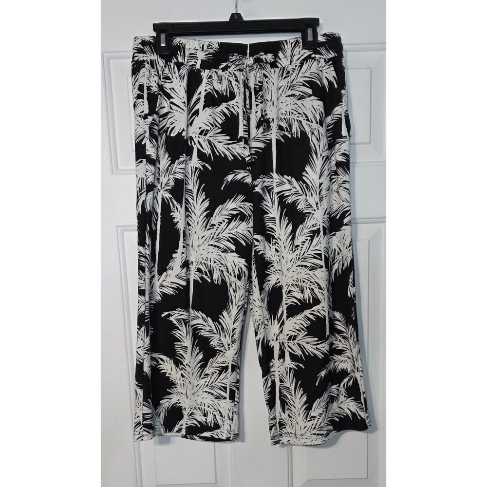 Belle‎ Beach Kim Gravel Palm Tree Print Cropped Wide Leg Pants Black White SP